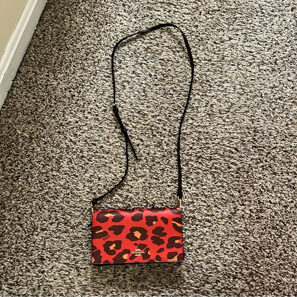 Coach Bright Poppy Lepoard Foldover Crossbody Clutch Bag Multicolored